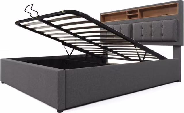 DESMIU Letto matrimoniale imbottito 160x200 cm con porta USB e presa di corrente, struttura in lino con testiera regolabile e contenitore, senza materasso