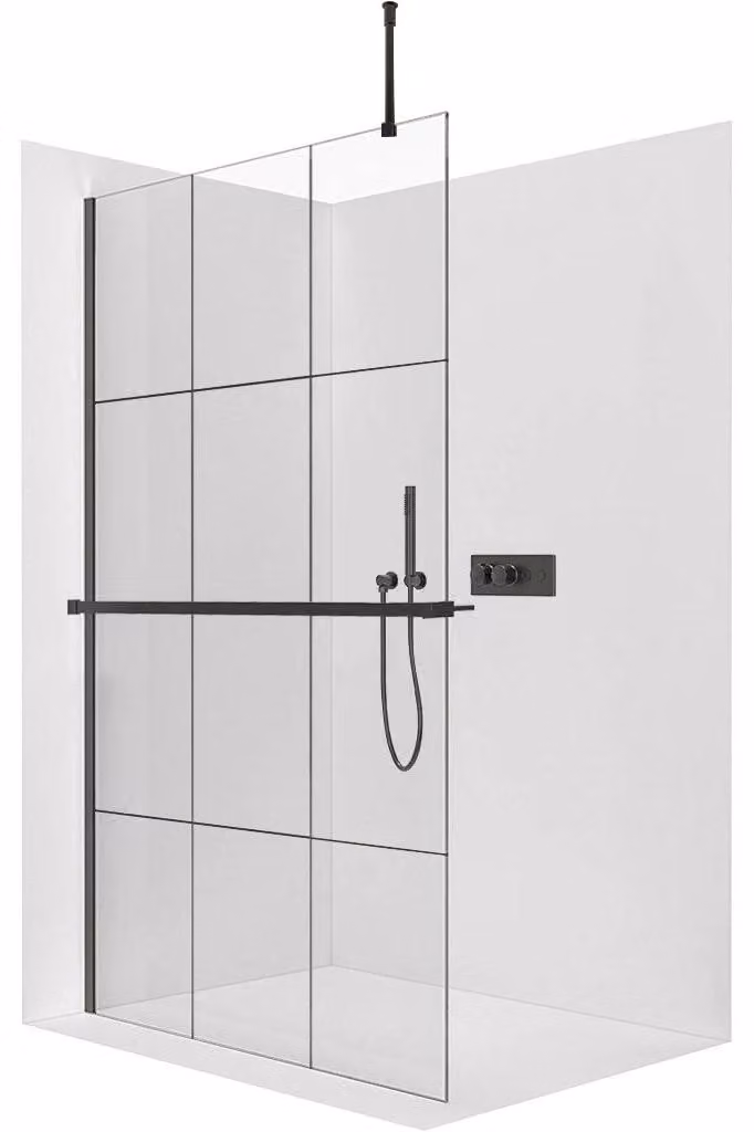 CERANO - Box doccia Walk-in Onyx Top Round L/P - 8 mm - montante rotondo + mensola/portasciugamani - nero opaco, vetro industriale - 150x200 cm