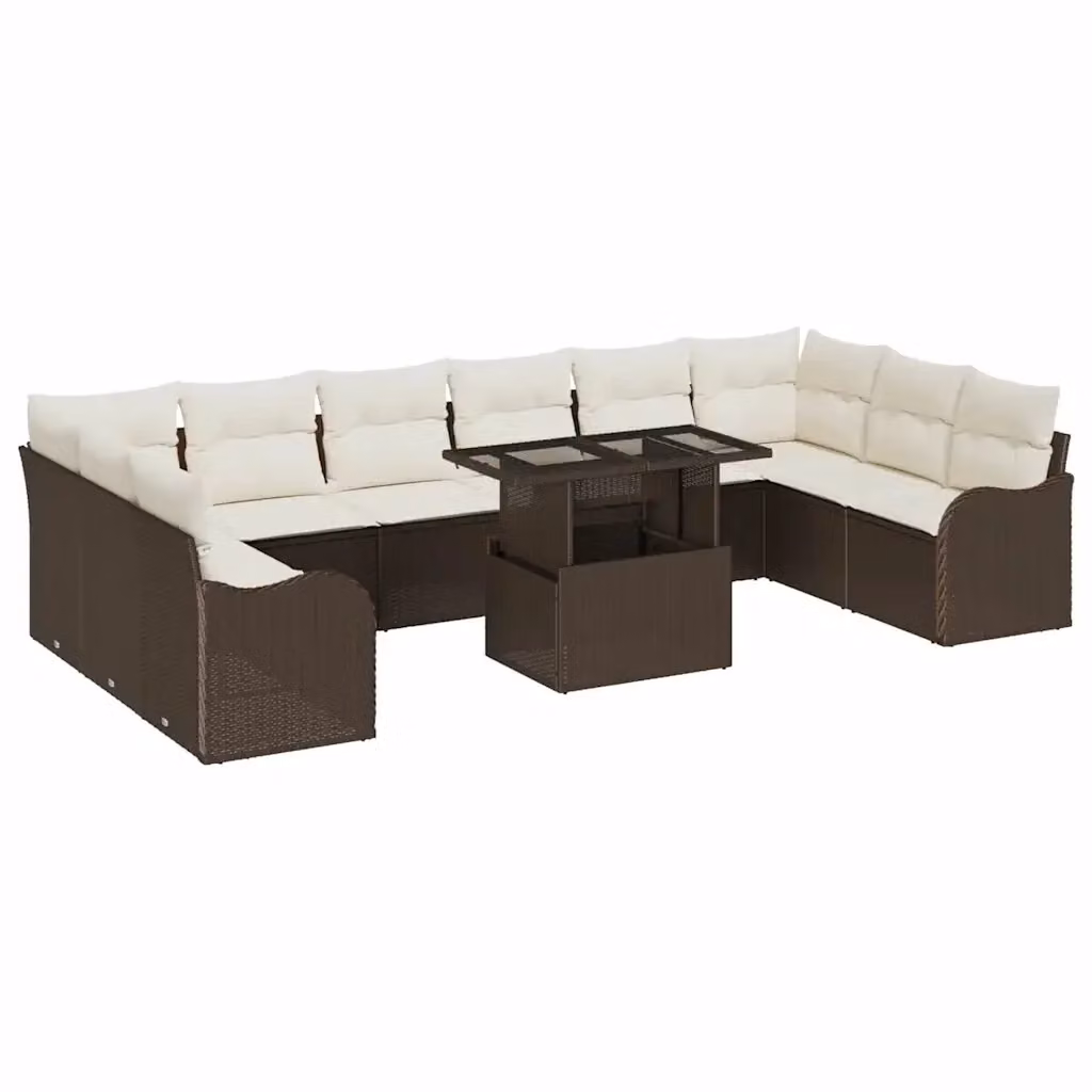 Set Divano da Giardino vidaXL 11 Pezzi a Forma di U con Tavolino in Vetro e Cuscini Marrone – 2