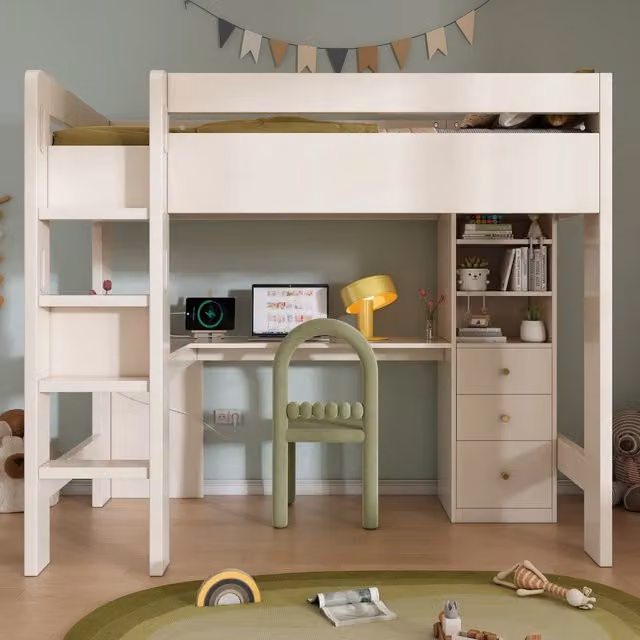 Letto a soppalco 90x200 cm con scrivania a L; scaffali e cassetti; legno bianco