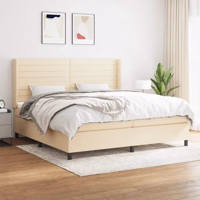 Letto Ibrido vidaXL con Giroletto a Molle e Materasso in Tessuto Beige e Bianco L/P/H: 203 x 203 x 128 cm