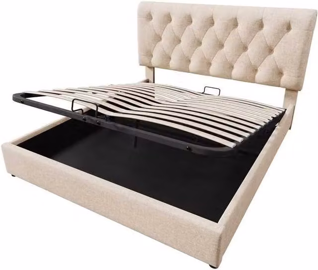 Letto matrimoniale 140x200 cm con testiera regolabile, struttura in metallo e legno, spazio contenitore con meccanismo idraulico e materasso incluso