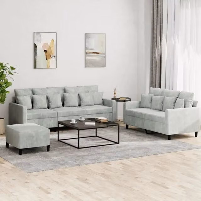 Set di divani moderno vidaXL in velluto grigio composto da divano a 3 posti, divano a 2 posti e pouf con cuscini inclusi
