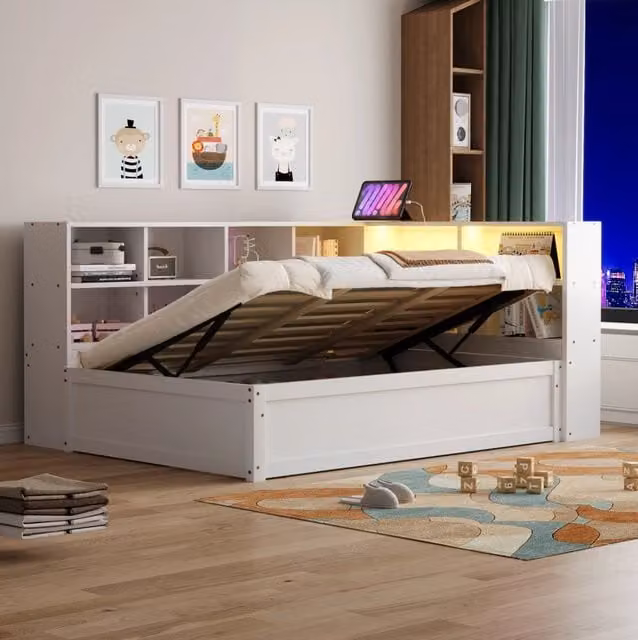 Letto singolo multifunzione MODFU bianco con contenitore a contenitore contenitore a sollevamento, illuminazione LED e porta USB, L/P: 90 x 200 cm – 1