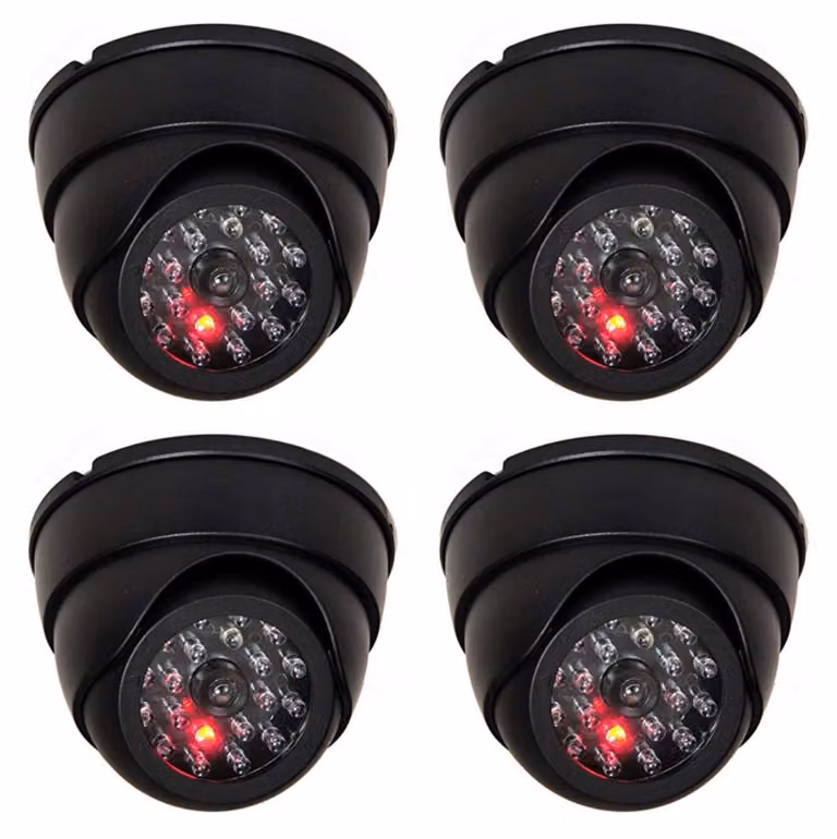 4 telecamere finte con lente e LED lampeggianti, adatte sia per interni che per esterni
