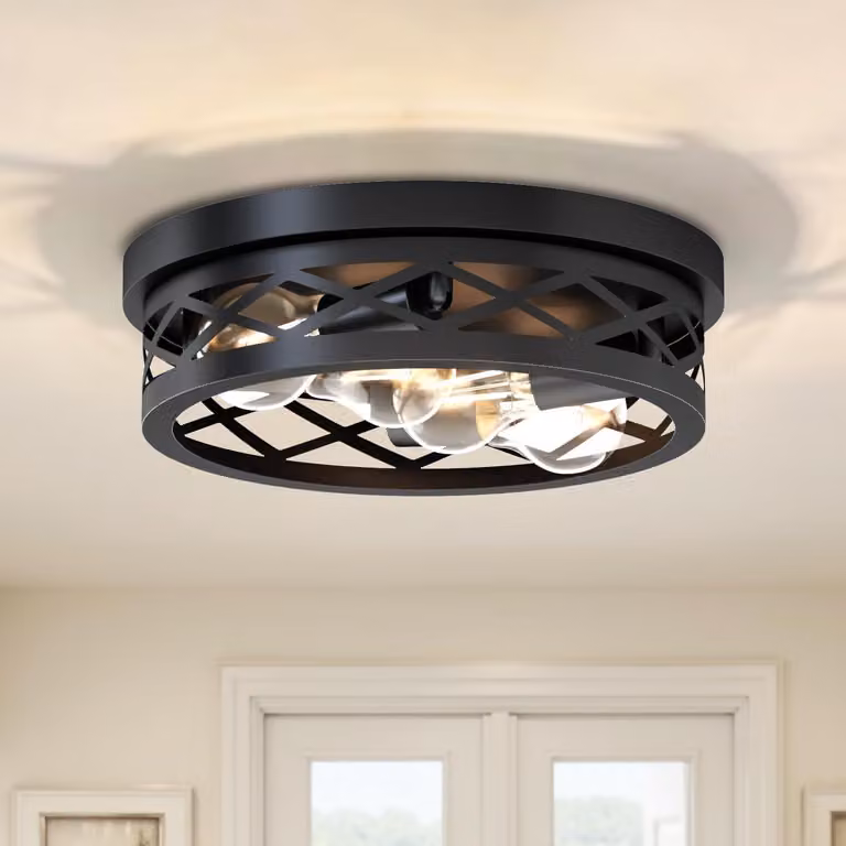 Lampada a soffitto LVWIT, 4 luci, nera, attacco E27 – Griglia forata, lampada a soffitto orientabile, paralume per soggiorno, cucina, corridoio