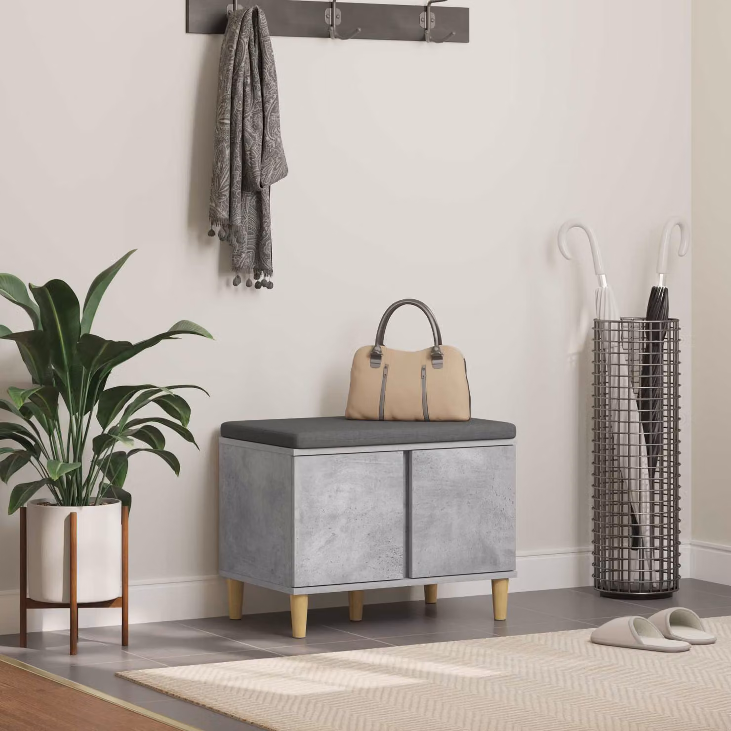 vidaXL Panca per ingresso con scarpiera e cuscino in tessuto Grigio, L 60 x P 38 x H 46 cm
