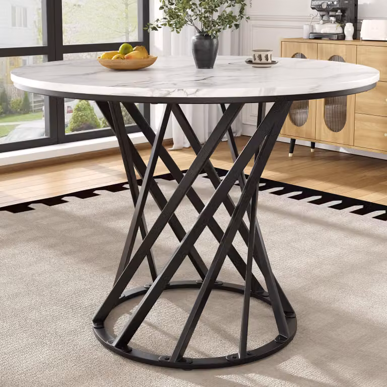 Tavolo da pranzo rotondo Sweiko (80×80×76 cm), tavolo da cucina, tavolino rotondo per 4 persone, adatto per sala da pranzo, soggiorno, gambe del tavolo in metallo, piano del tavolo in MDF marmorizzato, gambe del tavolo nere