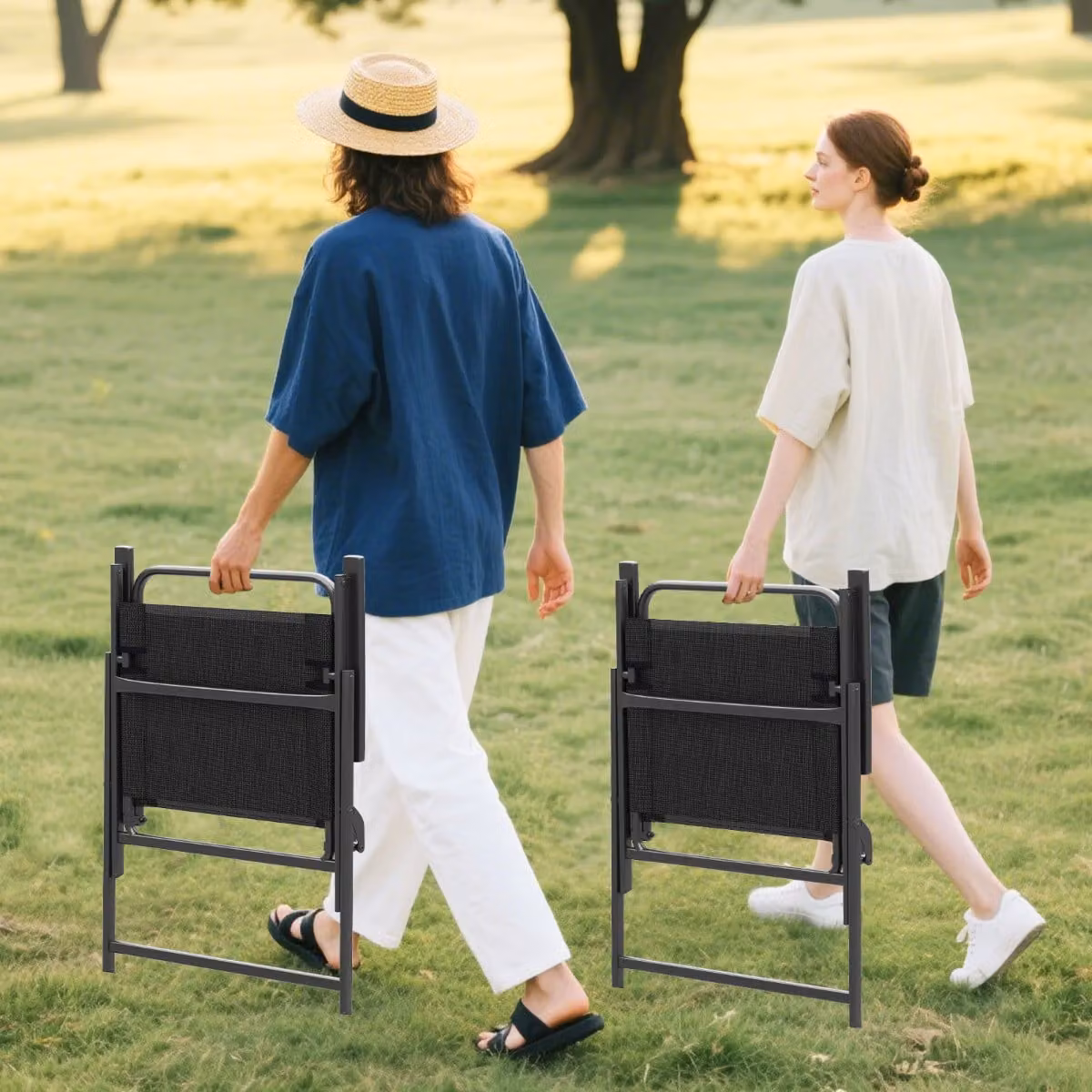 Set di 2 sedie da giardino pieghevoli Costway con telaio in metallo e seduta in textilene, colore nero