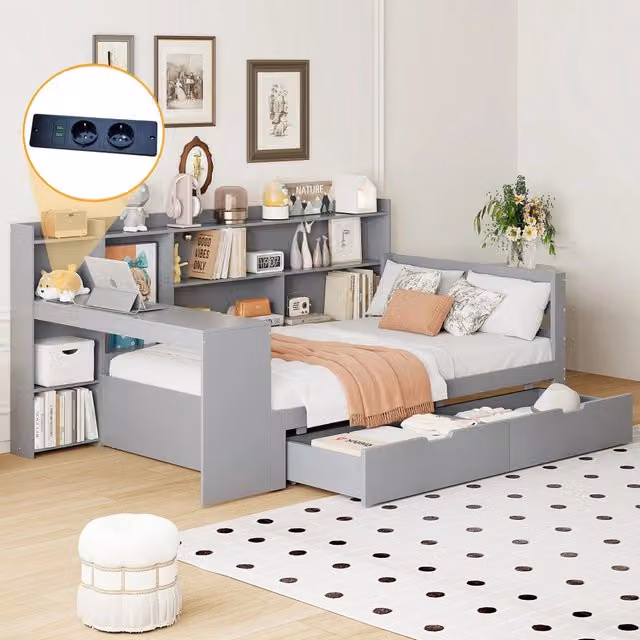 Divano letto in legno massello 90x200 cm grigio con scrivania e libreria