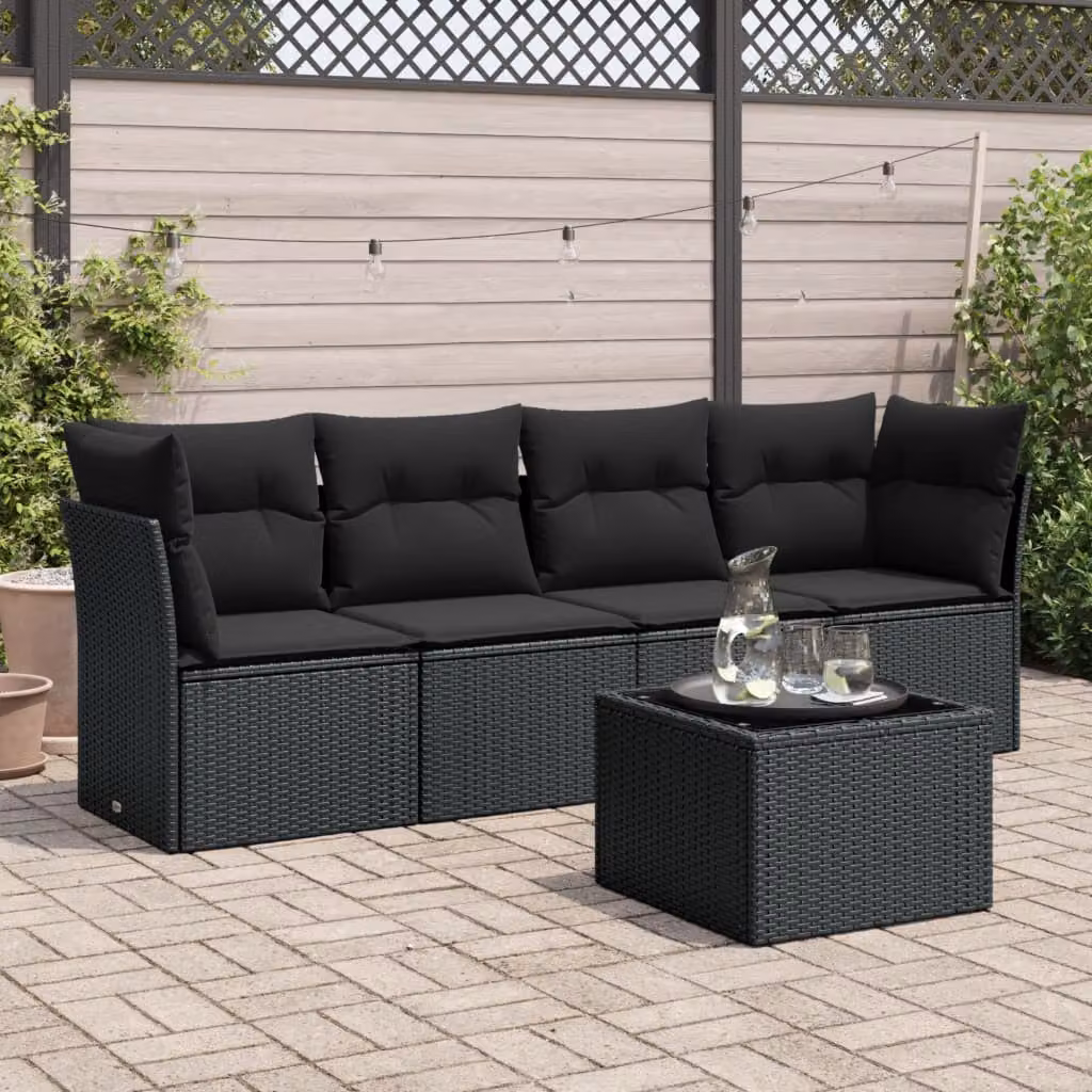 Set di divani da giardino vidaXL 5 pezzi in polyrattan nero con cuscini e tavolino da esterno a forma di L – 1