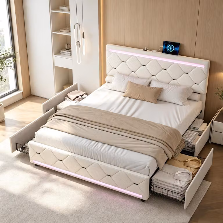 Letto imbottito INONEFT, 140x190 cm, con USB e LED, letto per ragazzi/matrimoniale con 4 cassetti, letto matrimoniale contenitore con rete a doghe, in velluto, color beige