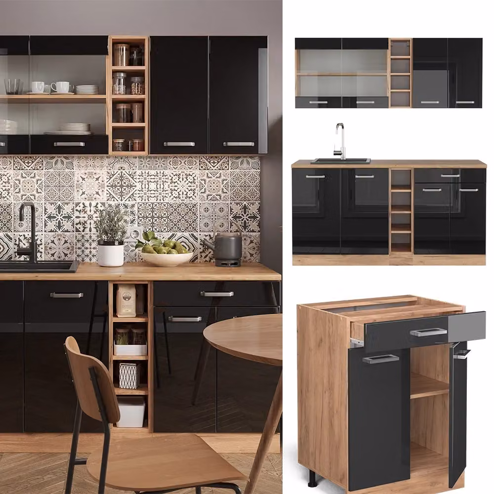 Cucina completa moderna Vicco R-Line con piano in marmo, finitura nero lucido e rovere dorato, L: 160 cm – 2