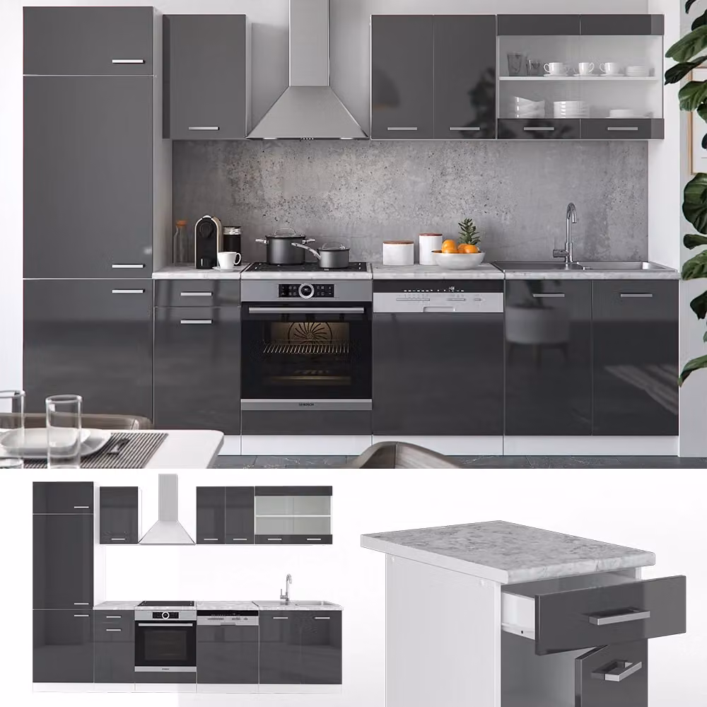 Cucina componibile moderna R-Line Vicco colore Antracite lucido e Bianco, Larghezza: 300 cm – 2