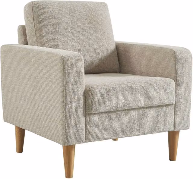 Poltrona lounge Sweeek in legno e tessuto beige con braccioli in stile scandinavo