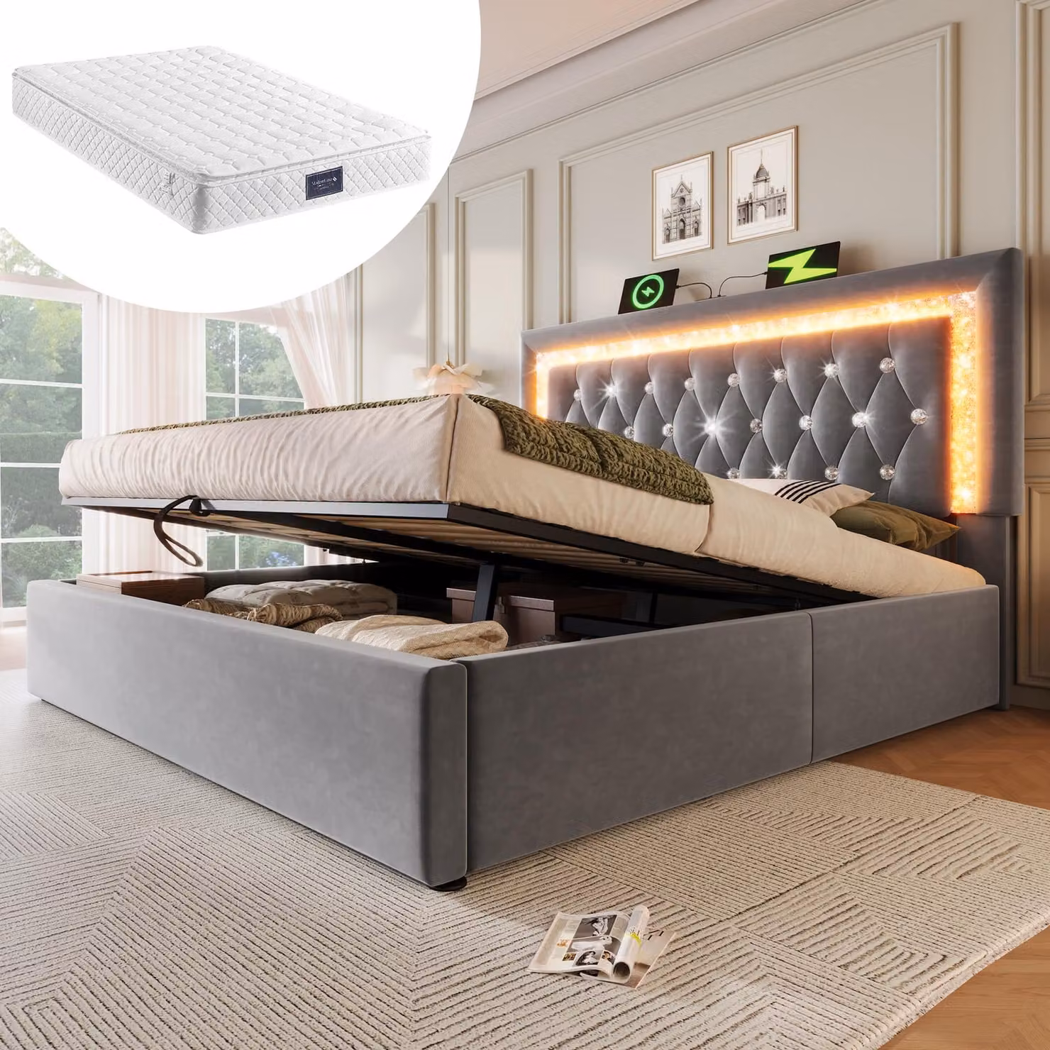 STILVORA Letto imbottito 160x200 cm con materasso Letto singolo con fascia LED a diamante nella testiera, stazione di ricarica USB e Type-C, letto idraulico per ragazzi con vano contenitore, letto moderno per ragazzi con rete a doghe, grigio