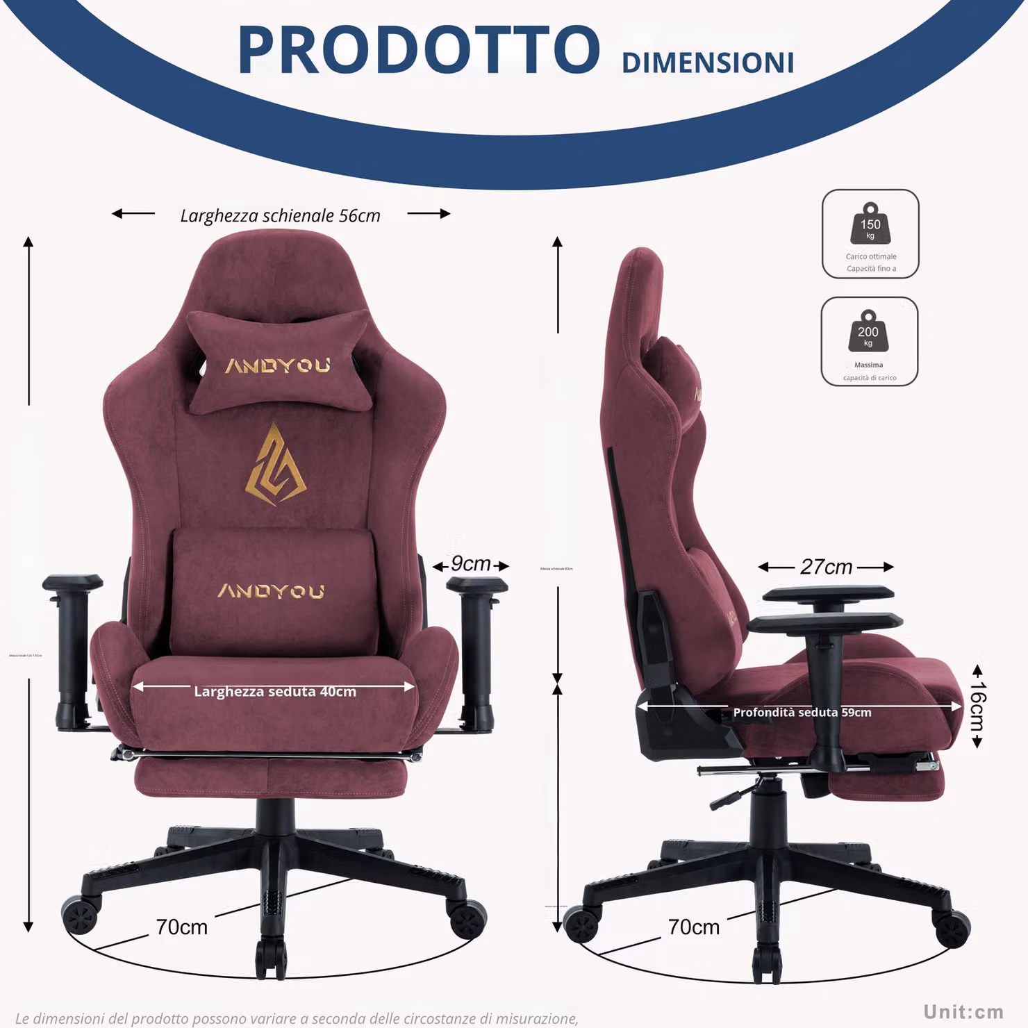 Sedia da gaming Aosom Italy con poggiapiedi, in similpelle scamosciata traspirante, regolabile in altezza, girevole, L/P/H: 70 x 70 x 135 cm, Rosso – 2