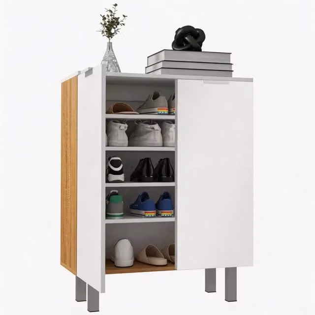 Scarpiera Moderna per 15-20 Paia di Scarpe, 5 Ripiani, Chiusura Ammortizzata, Bianco Lucido, Salvaspazio
