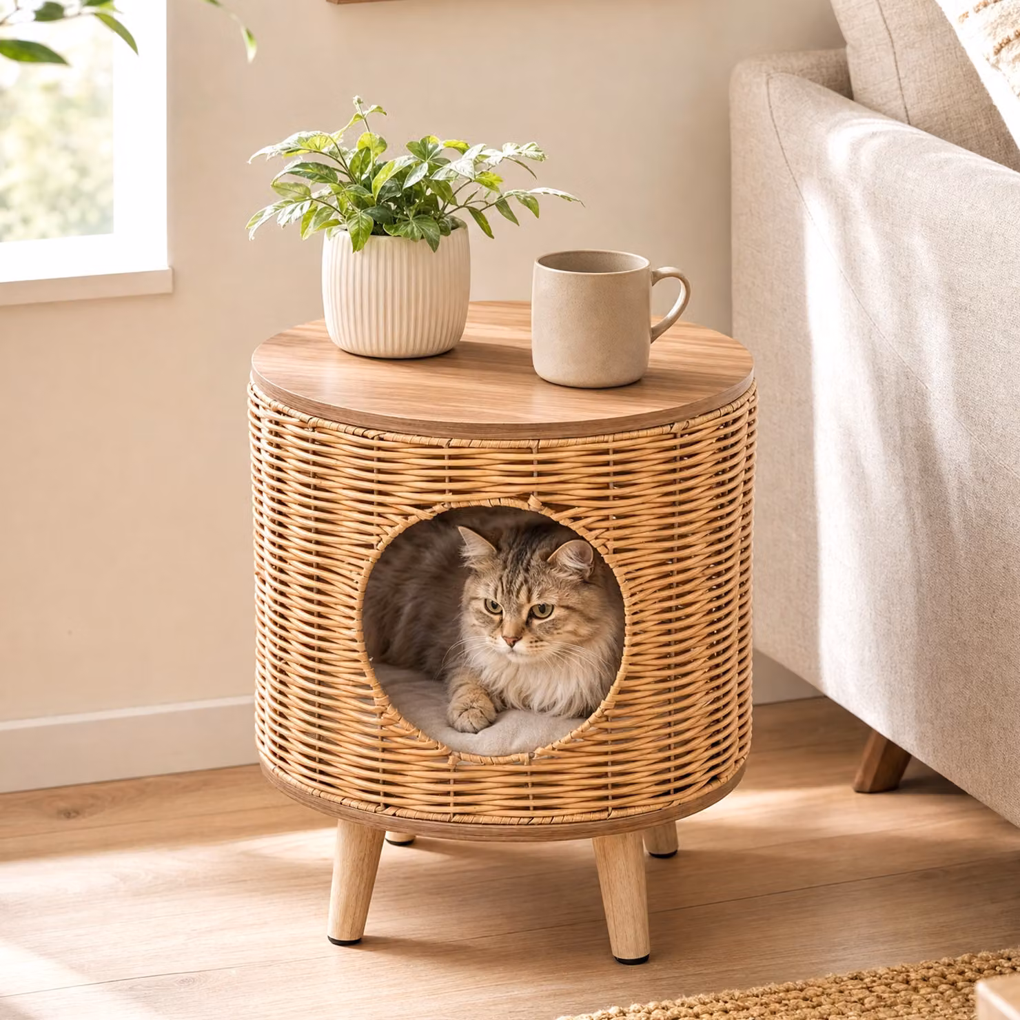 Cuccia per gatti Costway in rattan marrone con gambe in legno massello e piano impermeabile per interno