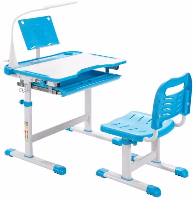 Set scrivania e sedia per bambini Design Mania Blu con altezza regolabile e leggio inclinato con luce LED