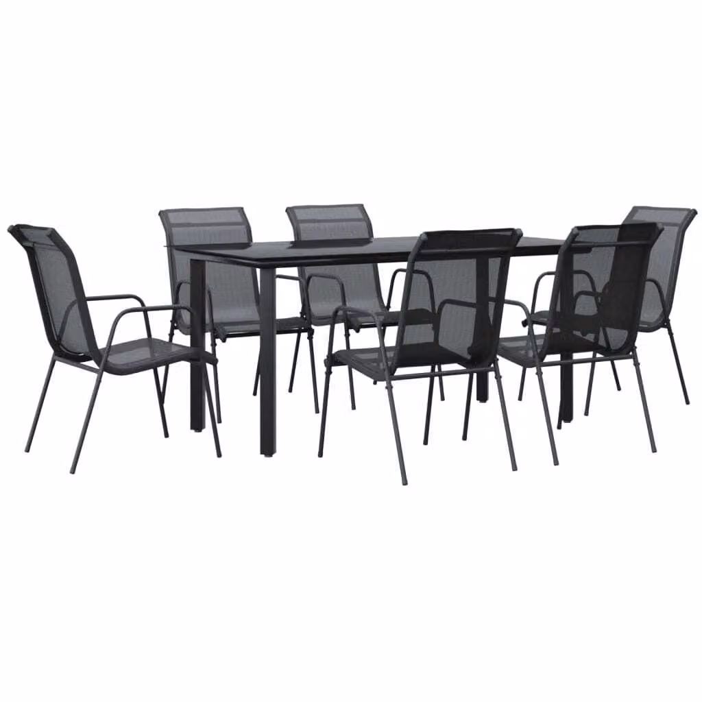 Set da Pranzo da Giardino 7 pz Nero in Acciaio e Textilene