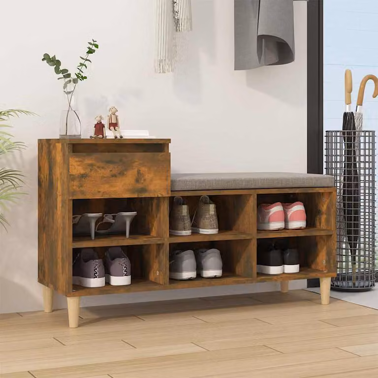 Scarpiera moderna vidaXL in legno color rovere fumo con seduta integrata, L: 102 cm, P: 36 cm, H: 60 cm