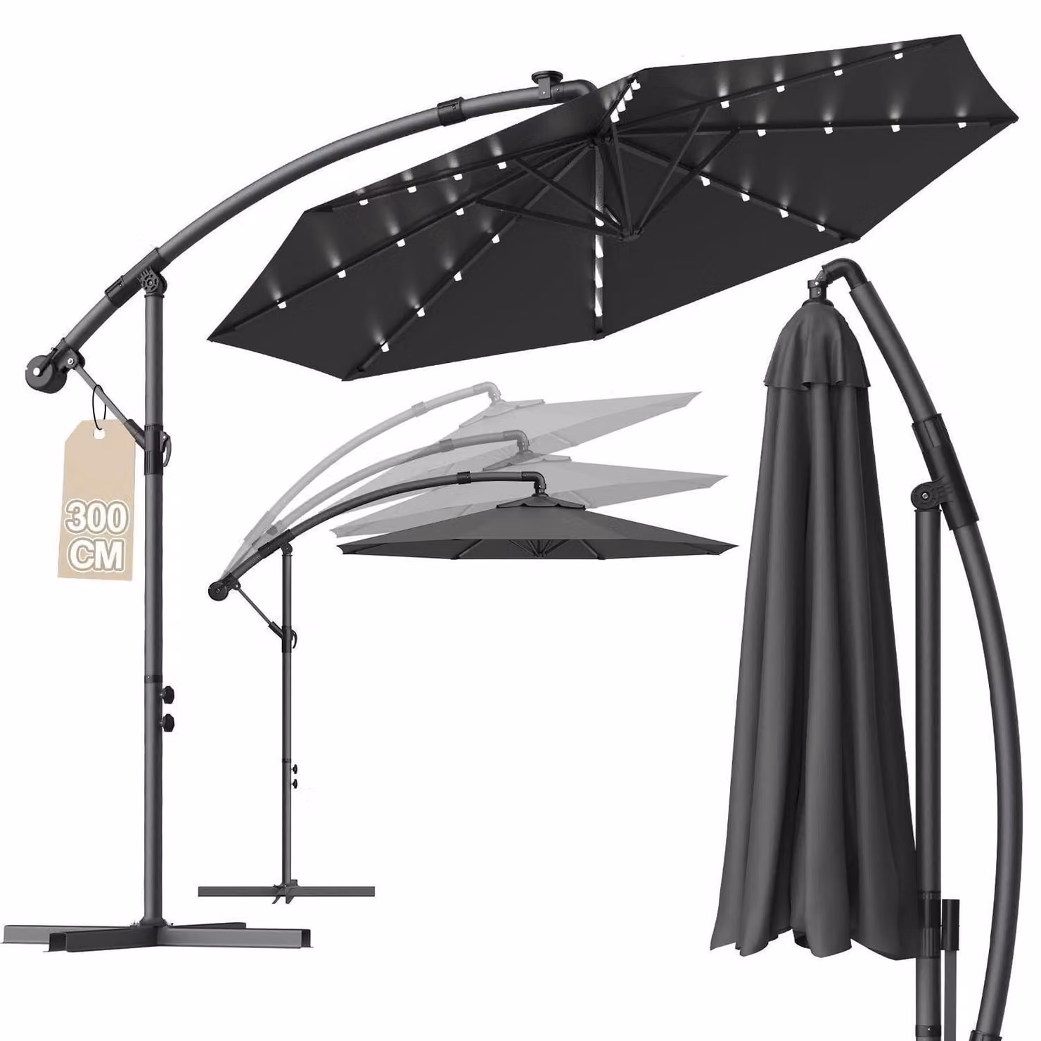 Ombrellone con manovella, diametro 330 cm, colore grigio scuro, rotazione a 360°, con illuminazione