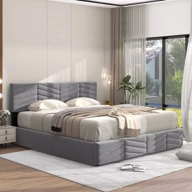 Letto matrimoniale con contenitore 140 × 200 cm con sollevamento idraulico testiera regolabile in velluto grigio
