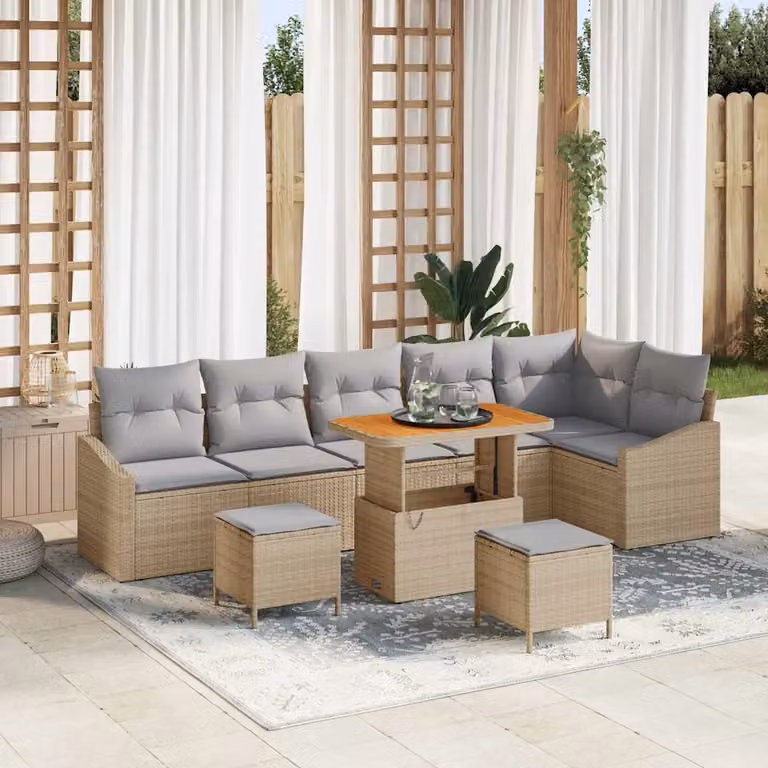 Set Divano da Giardino vidaXL 9 Pezzi in Polyrattan Beige con Cuscini e Tavolino da Esterno