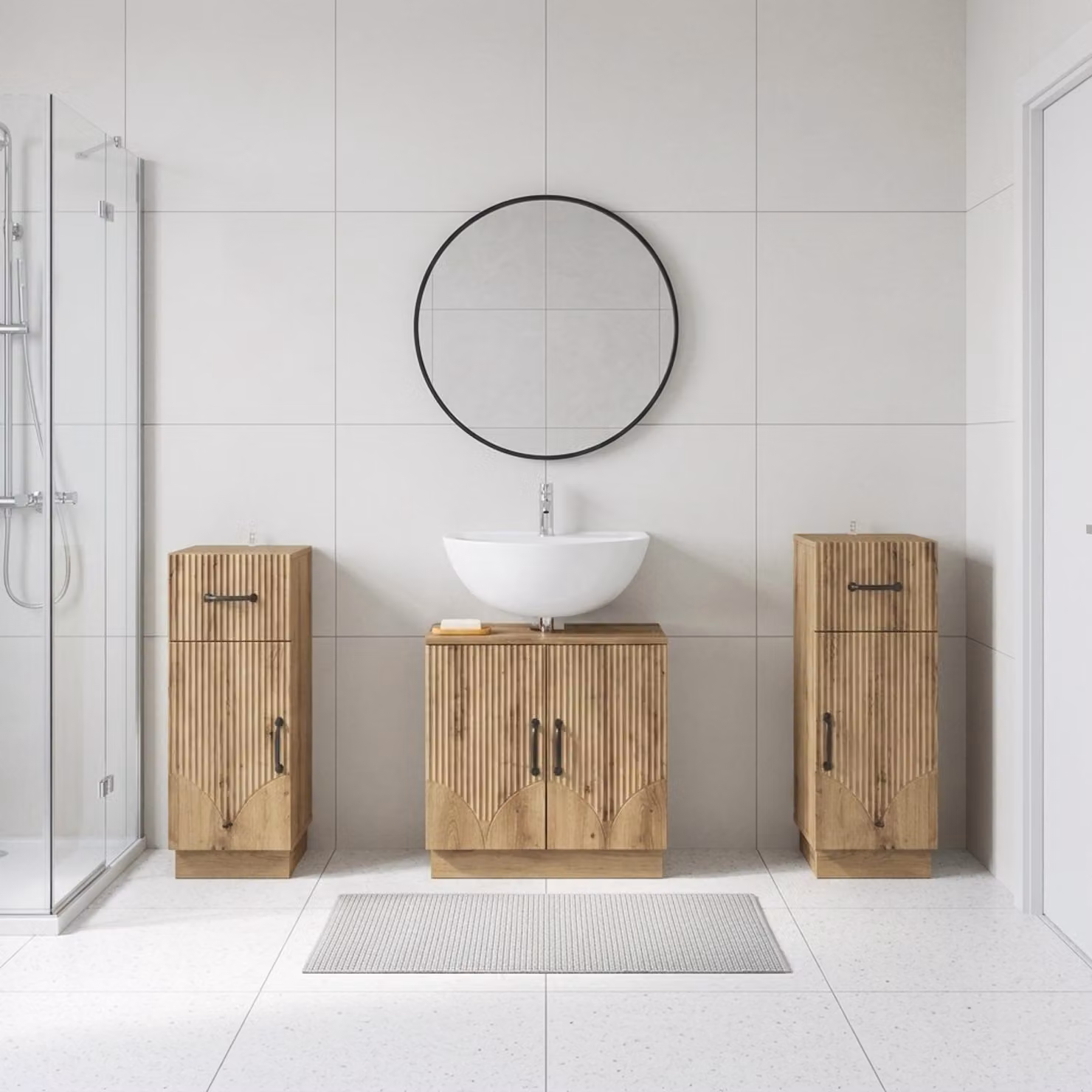 Set di mobili da bagno vidaXL HOORN in 3 pezzi, Rovere Artigianale, Marrone, Design Minimalista