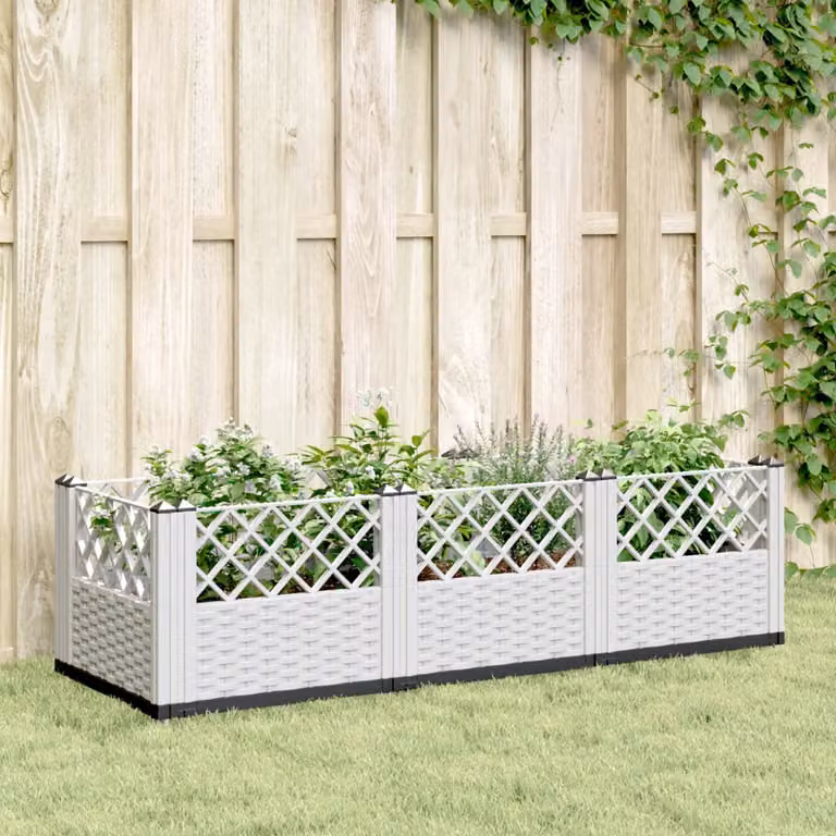 Fioriera da giardino con picchetti vidaXL in plastica bianca L: 123,5 cm, P: 43,5 cm, H: 43,5 cm