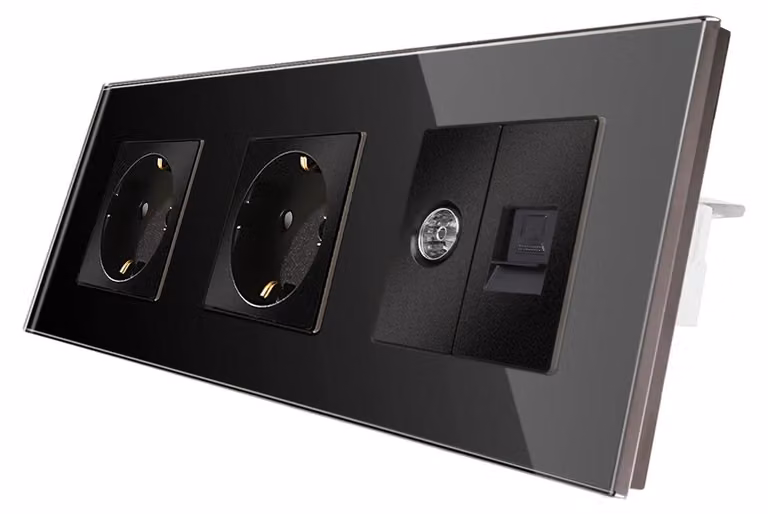 Prese a muro per cavi, dimensioni 228 x 86 mm, doppia presa Schuko, con passacavi per cavo CAT6 e antenna TV, adatte per il soggiorno, 250 V / 16 A, colore nero