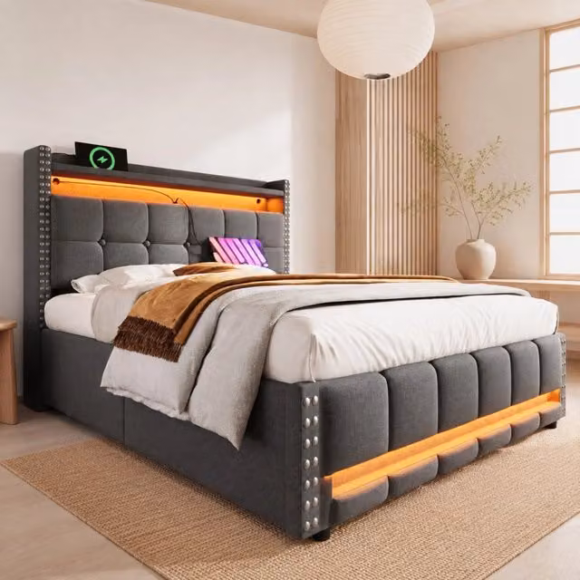 Letto imbottito 140x200 cm grigio tessuto in lino con LED e USB