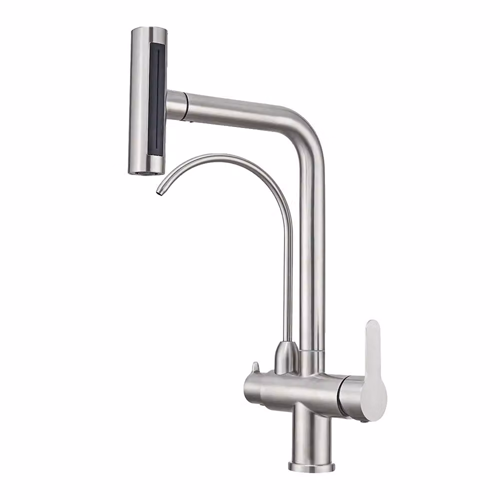 rubinetto da cucina girevole a 360°, doppio supporto, acqua calda e fredda, acciaio inox, spazzolato