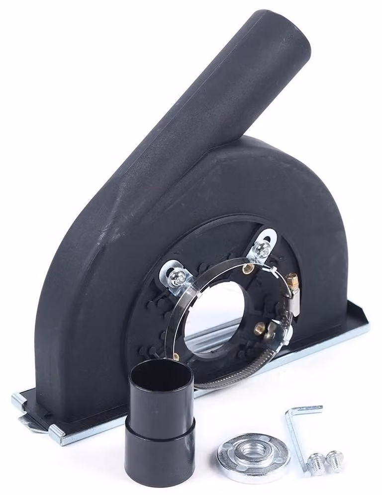 Copertura aspirante a 360° per smerigliatrici angolari, diametro 150/180 mm, universale per taglio e smerigliatura, realizzata in lega metallica, con attacco a morsetto da 41 a 54 mm, colore grigio scuro