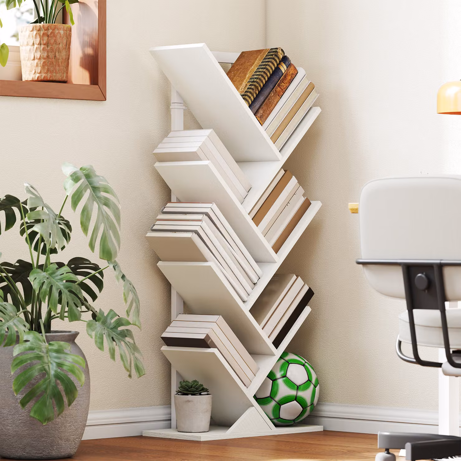 Libreria a forma di albero HOMCOM con 7 ripiani e sistema anti-ribaltamento, ideale per soggiorno o camera da letto, Bianco, L: 50 cm, P: 24 cm, H: 109 cm – 2