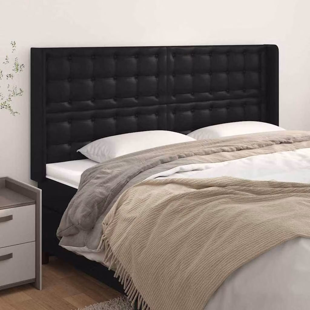 Testiera ad orecchio vidaXL in similpelle nera con struttura in legno, L: 163 cm, P: 16 cm, H: 118/128 cm