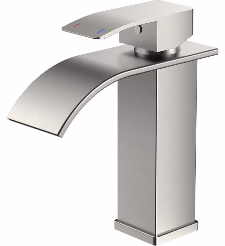 Rubinetto da bagno, modello cascata, miscelatore monocomando, finitura in nichel satinato, altezza del beccuccio 110 mm, acciaio inossidabile