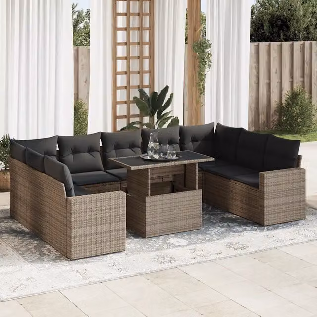 Set Divano da Giardino a L vidaXL in Polyrattan Grigio con 10 Pezzi e Cuscini