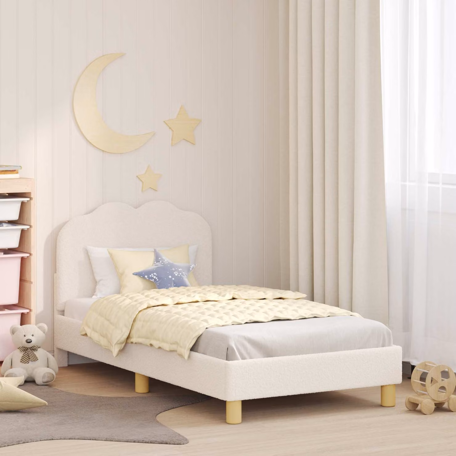 Struttura letto per bambini vidaXL con testata in tessuto bouclé beige, L 160 x P 80 x H 84 cm