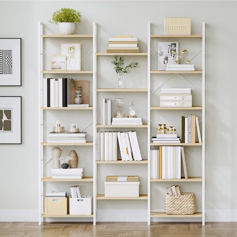 Libreria indipendente con 17 scomparti, ripiani regolabili, colore bianco effetto legno di quercia