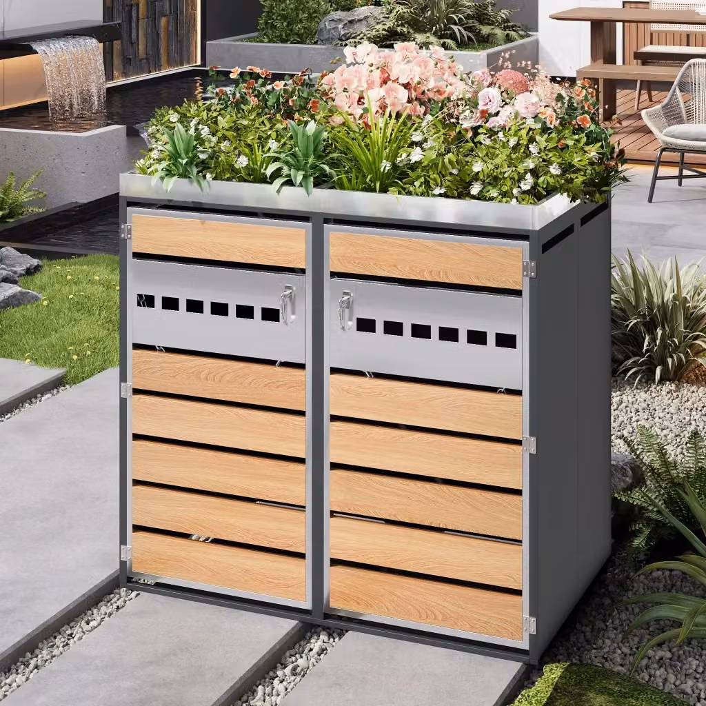 Armadio porta bidoni con fioriera integrata in acciaio e legno, grigio e marrone, L: 132 cm, P: 80 cm, H: 124,5 cm – 2