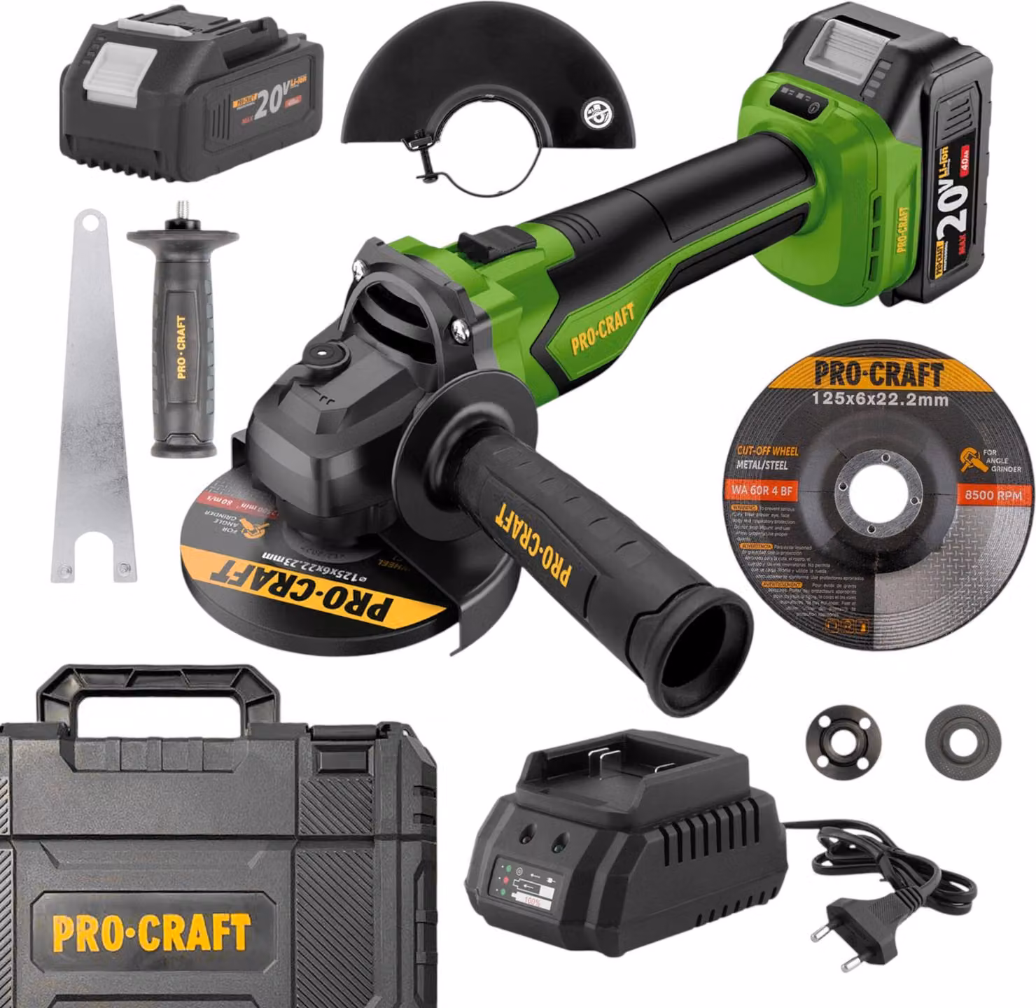 Smerigliatrice angolare a batteria Procraft PGA22-1B-C 20 V 125 mm Brushless + 1x batteria 4,0 Ah + caricabatteria + valigetta