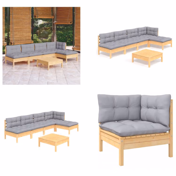 vidaXL set salotto da giardino 6 pezzi con cuscini grigi in legno di pino - Set salotto da giardino - Set salotto da giardino - Set mobili da giardino - Set mobili da giardino