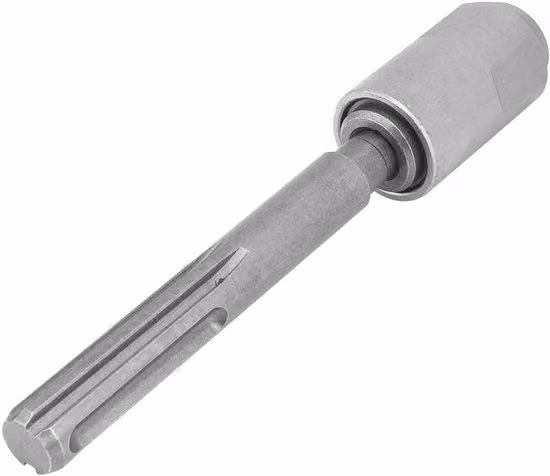 Adattatore per trapano a percussione da SDS Max a SDS Plus in acciaio cromato color argento.