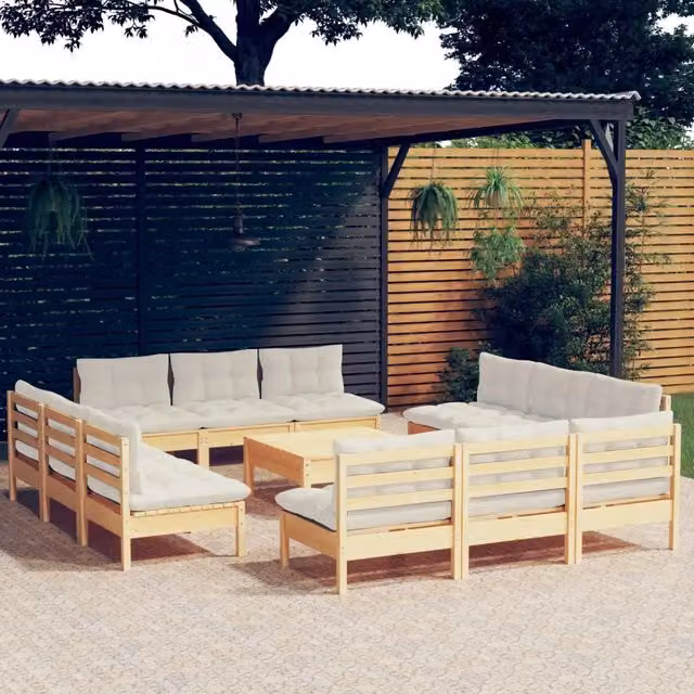 Set Salotto da Giardino a L vidaXL in Legno di Pino con Cuscini Beige 13 Pezzi
