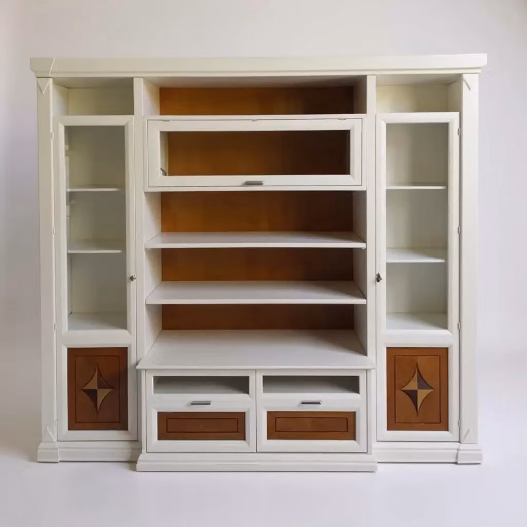 Parete attrezzata shabby chic in legno di pino bianco e noce con ante in vetro Mobili 2G L: 267 cm, P: 56 cm, H: 236 cm – 4