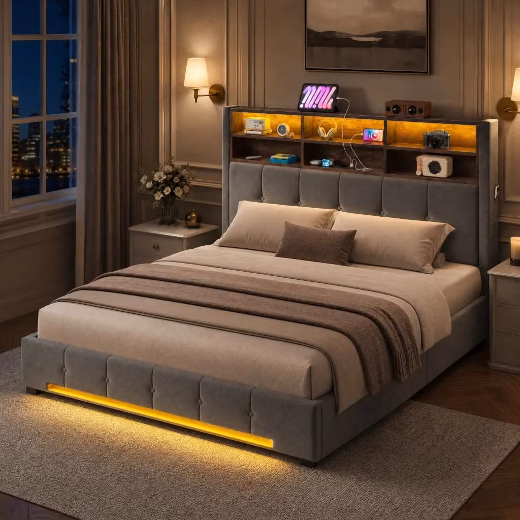 Letto contenitore Mivray con base a sollevamento, testiera in velluto con illuminazione LED e porta USB-C, grigio, L/P: 160 x 200 cm – 2