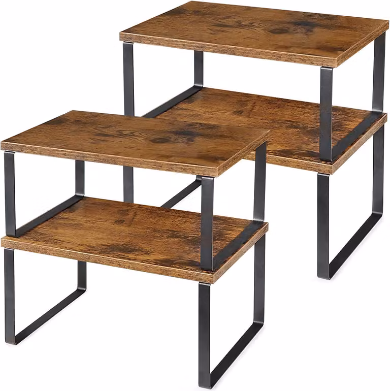 Set di 4 mensole, mensole da banco, mensole per armadi, armadietti da cucina, scaffale impilabile ed espandibile per utensili da cucina, piatti, barattoli, spezie, moderno in nero e marrone