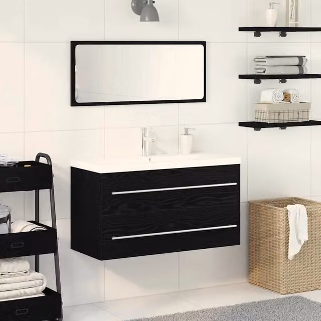 Armadio per Lavabo da Bagno 3 pz Rovere Nero 90 x 38,5 x 48 cm 3333131